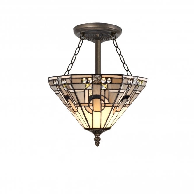 SIAN Tiffany 3 Light Semi-Flush Ceiling 31cm, White, Grey, Black, Clear Crystal, Antique Brass