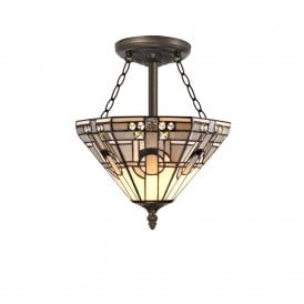SIAN Tiffany 3 Light Semi-Flush Ceiling 31cm, White, Grey, Black, Clear Crystal, Antique Brass