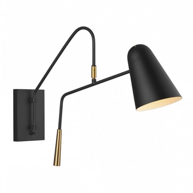 SIMON modern mid-century swivel arm wall light in midnight black with brass detailing