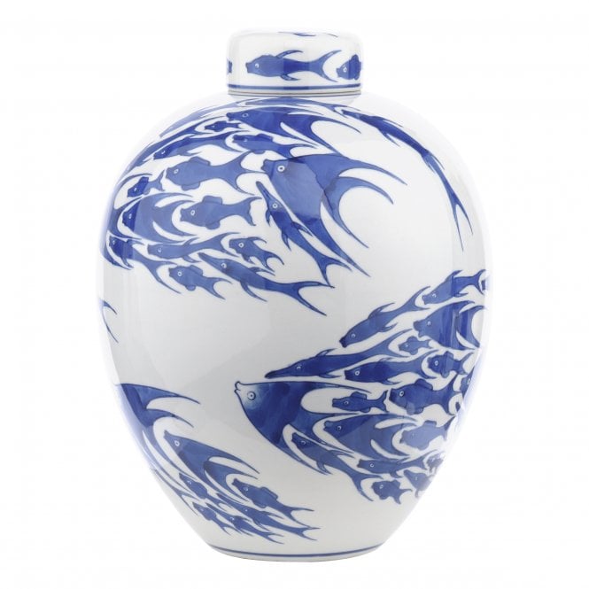Simone Ceramic Blue & White Fish Pattern Jar with Lid