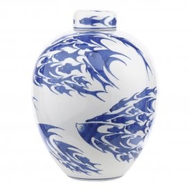 Simone Ceramic Blue & White Fish Pattern Jar with Lid