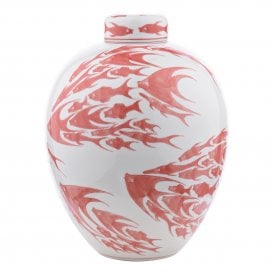 Simone Ceramic Coral & White Fish Pattern Jar with Lid