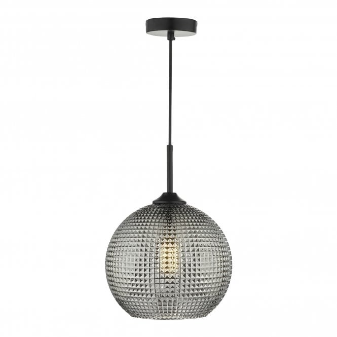 SOREN matt black ceiilng pendant with textured smoky grey glass shade