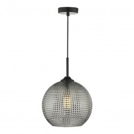 SOREN matt black ceiilng pendant with textured smoky grey glass shade