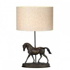 SPIRIT Dressage Horse Table Lamp | Bronze Patina | Oval Hessian Shade