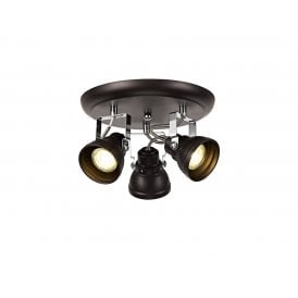 STAGE cluster of 3 ceiling spotlights in oiled bronze with chrome detailing