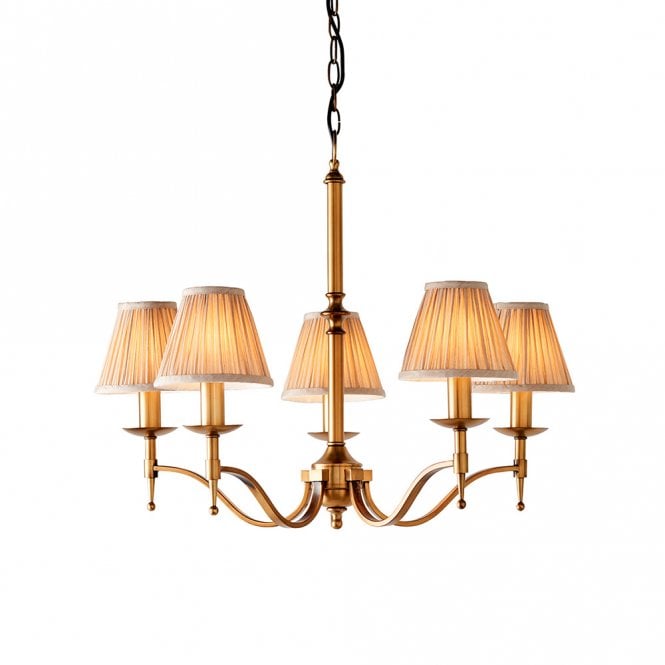 STANFORD 5 light aged brass traditional chandelier with candle shades