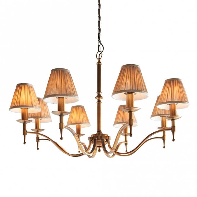 STANFORD aged brass 8 light chandelier with beige shades