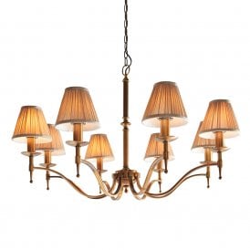 STANFORD aged brass 8 light chandelier with beige shades