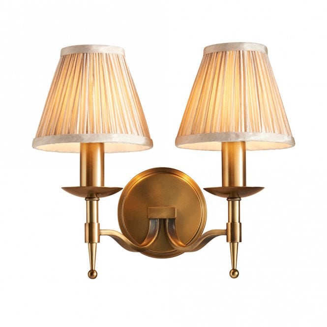 STANFORD double wall light in aged brass with beige shades