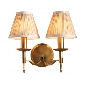 STANFORD double wall light in aged brass with beige shades