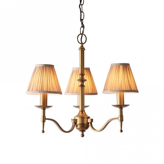 STANFORD small 3 light aged brass chandelier with candle shades