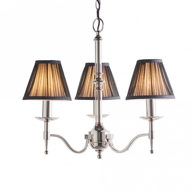 STANFORD small 3 light nickel chandelier with black candle shades