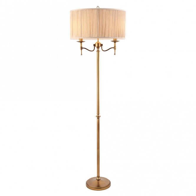 STANFORD traditional standard lamp, aged brass, beige shade