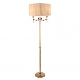 STANFORD traditional standard lamp, aged brass, beige shade