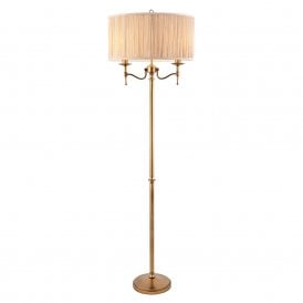 STANFORD traditional standard lamp, aged brass, beige shade