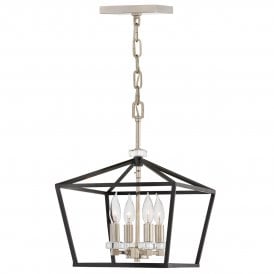  4 Light Medium Pendant/ Semi-Flush in Black with Polished Nickel Finish