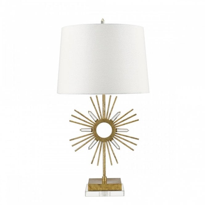SUN KING distressed gold table lamp with crystal detailing and cream linen shade