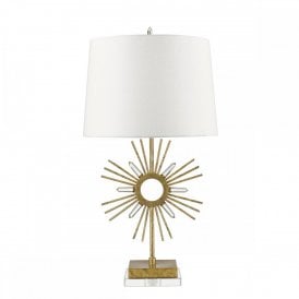 SUN KING distressed gold table lamp with crystal detailing and cream linen shade