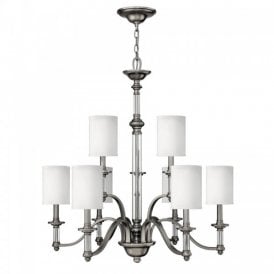 SUSSEX large 2 tier pewter chandelier with 9 white shades