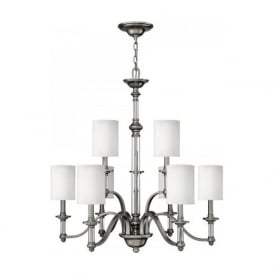 SUSSEX large 2 tier pewter chandelier with 9 white shades