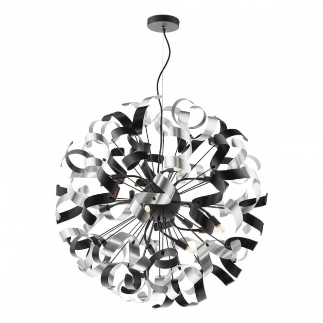 Swash 12 Light Pendant in Matte Black with Black & Aluminium Ribbons