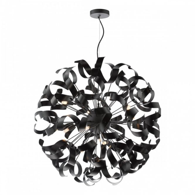 Swash 12 Light Pendant in Matte Black with Black Ribbons