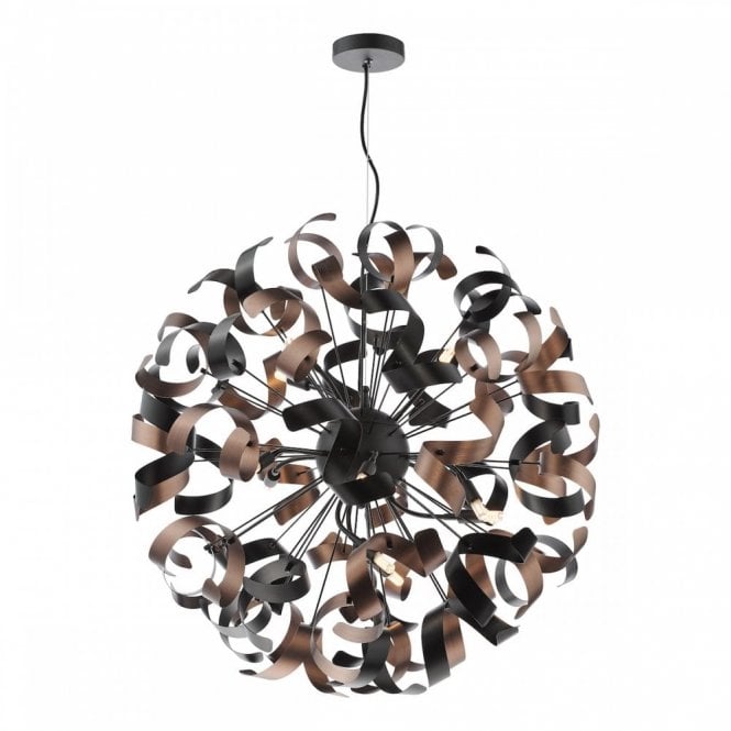 Swash 12 Light Pendant in Matte Black with Copper Ribbons