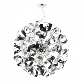 polished chrome pendant with black and aluminium ribbons