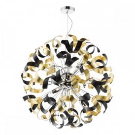 polished chrome pendant with black and gold ribbons