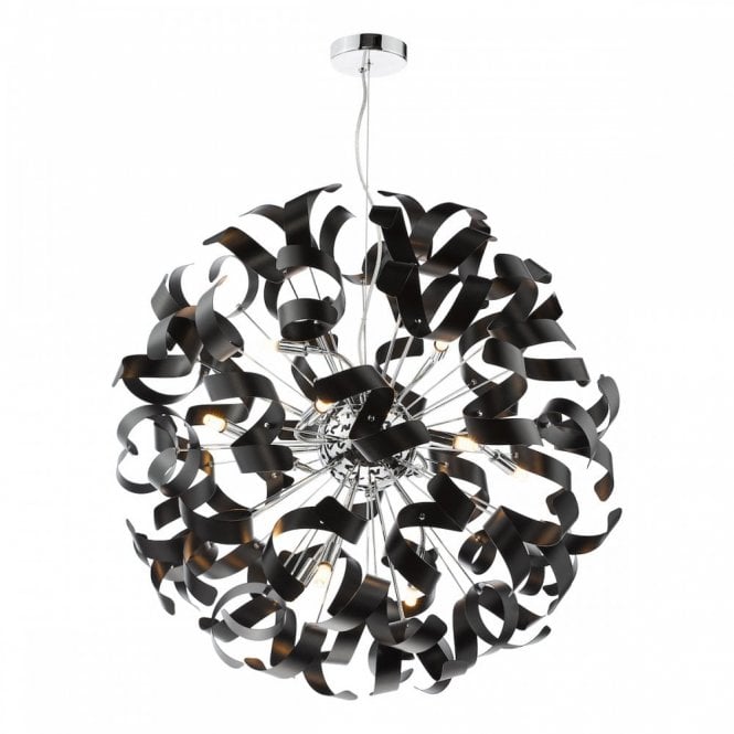 Swash 12 Light Pendant in Polished Chrome with Black Ribbons