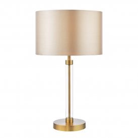 antique brass & glass table lamp with taupe drum shade