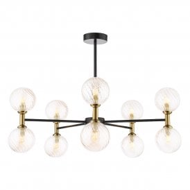 a modern 10 light Semi-Flush Ceiling Light in Matt Black and Bronze with Twisted Amber Glass Shades