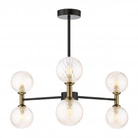 a modern black and bronze semi flush ceiling light with 6 twisted amber glass shades 