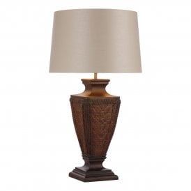 Woven detail wood effect table lamp base with mahogany finish
