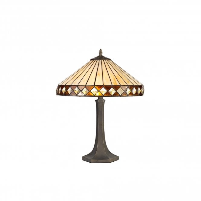 TANYA Tiffany 2 Light Octagonal Table Lamp 40cm Amber, Cream, Crystal, Antique Brass