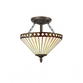 TANYA Tiffany 2 Light Semi-Flush Ceiling Light 30cm Amber, Cream, Crystal, Antique Brass