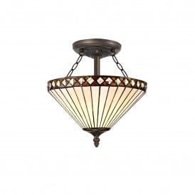 TANYA Tiffany 2 Light Semi-Flush Ceiling Light 30cm Amber, Cream, Crystal, Antique Brass