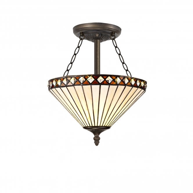 TANYA Tiffany 3 Light Semi-Flush Ceiling Light 30cm Amber, Cream, Crystal, Antique Brass