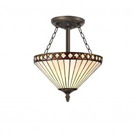 TANYA Tiffany 3 Light Semi-Flush Ceiling Light 30cm Amber, Cream, Crystal, Antique Brass