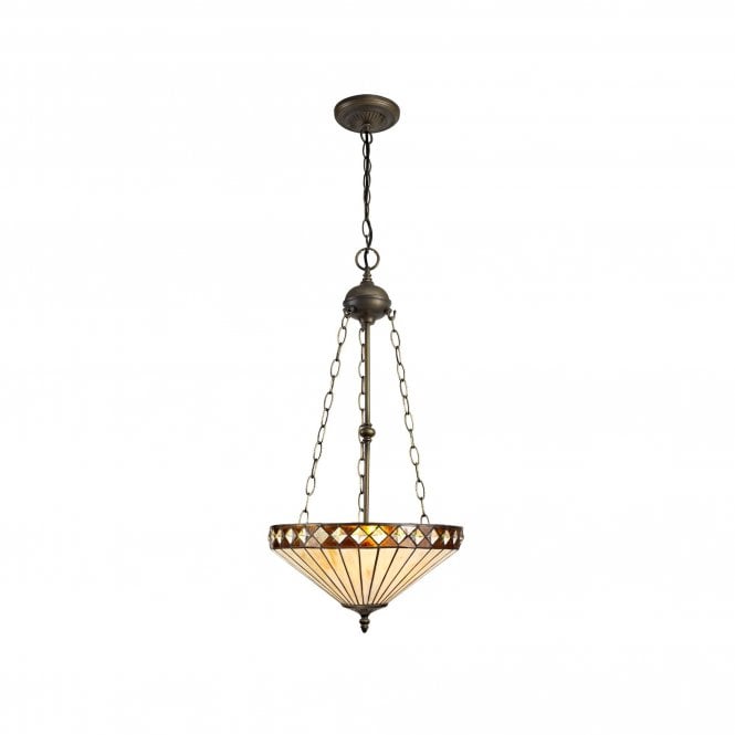 TANYA Tiffany 3 Light Uplighter Ceiling Pendant Light 40cm Amber, Cream, Crystal, Antique Brass
