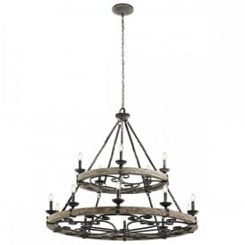 TAULBEE large Medieval style chandelier in weathered zinc with grey wood veneer accents