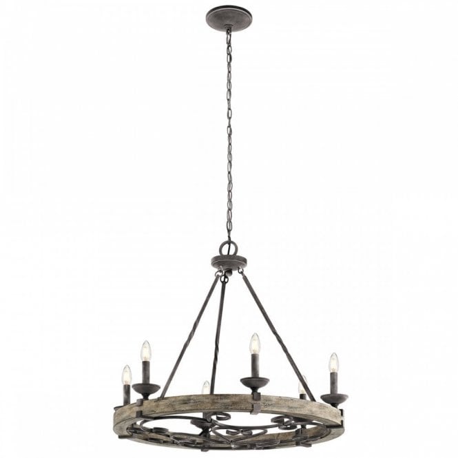 TAULBEE Medieval 6 light chandelier in weathered zinc with grey wood veneer hoop