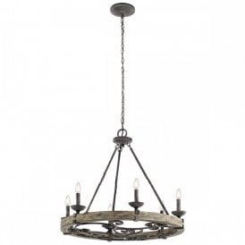 TAULBEE Medieval 6 light chandelier in weathered zinc with grey wood veneer hoop