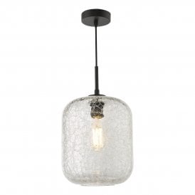 modern matt black ceiling pendant with a clear crackle glass shade 