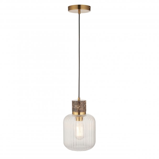 Tivoli Dark Brown Emperador Marble Pendant with Ribbed Glass Shade
