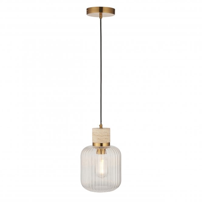 Tivoli Natural Travertine Stone Pendant with Ribbed Glass Shade