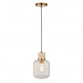 modern ceiling pendant with travertine stone and brass with ribbed glass shade