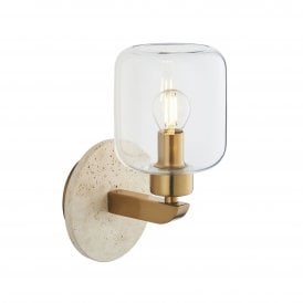modern brass and natural travertine stone wall sconce with clear glass shade