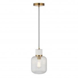 white marble pendant with ribbed glass shade